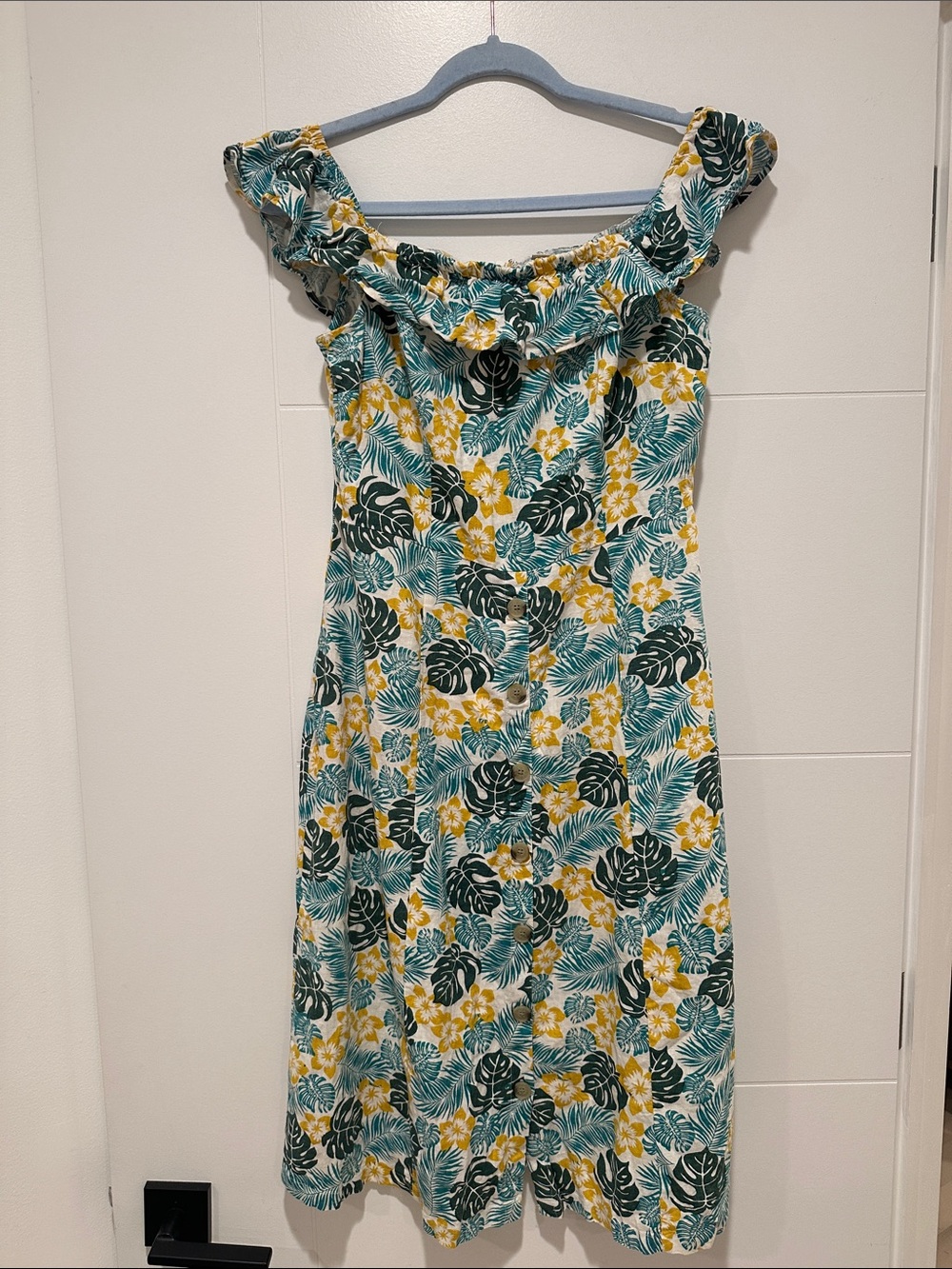 LOFT Off the shoulder Tropical Floral Dress in Green & Yellow